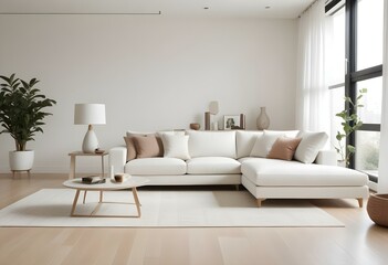 A modern living room with a large white sectional sofa, a white side table, and a beige area rug on a light hardwood floor.