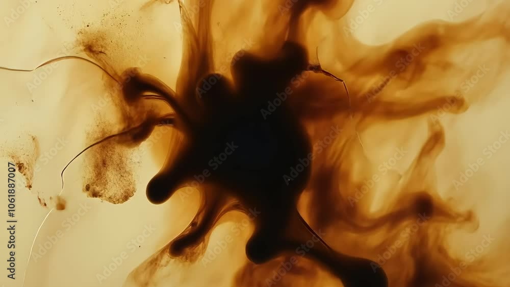 Poster dark brown ink swirls in a beige liquid, creating an abstract pattern