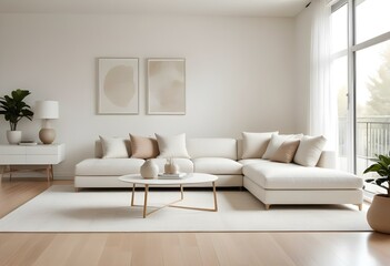 A modern living room with a large white sectional sofa, a white side table, and a beige area rug on a light hardwood floor.