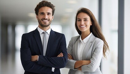 Businessman and businesswoman in suits are standing in an office.