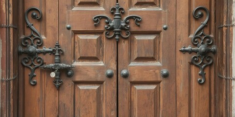 Weathered wooden vintage door in Krakow with intricate metal detailing, vintage, texture, door
