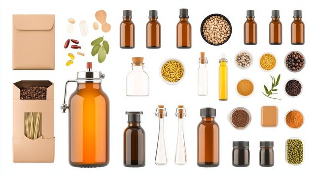 Collection of amber glass bottles, jars, and natural ingredients on a white background for packaging and product display.