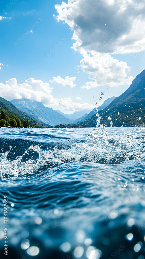 Poster water is splashing in a blue lake with mountains in the background on a sunny day