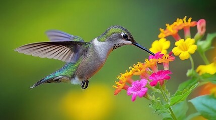 Obraz premium A hummingbird hovers near a cluster of pink and yellow flowers with its beak extended to sip nectar.