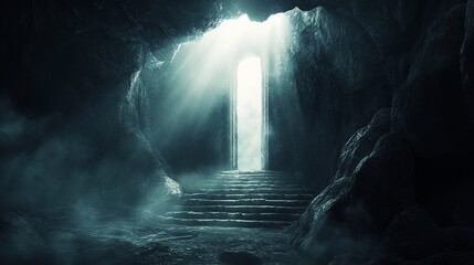Light Streaming into a Mysterious Cave with a Staircase and Open Doorway, Creating a Dramatic and Otherworldly Atmosphere.
