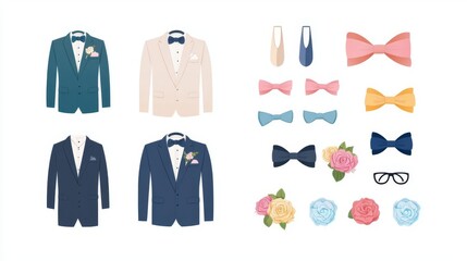 Collection of stylish suits and accessories including bowties and flowers for weddings or formal events.