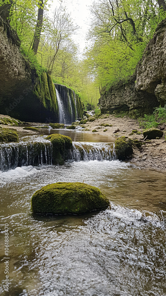 Poster water cascading over mossy rocks in a lush forest, creating a peaceful atmosphere with flowing strea