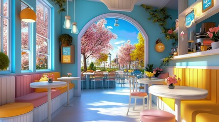 Fototapeta premium Vibrant Restaurant Interior with Cherry Blossom View