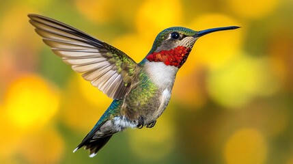 Fototapeta premium A vibrant hummingbird with iridescent green and red plumage hovers mid-flight against a soft yellow and orange bokeh background.