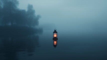 Fototapeta premium Serene Lantern Drifting on Misty Lake at Dusk