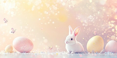 A white rabbit with Easter eggs of delicate shades is sitting on the table, two butterflies are flying side by side. The concept of Easter