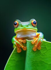 Fototapeta premium Vibrant Green Frog Perched on Maple Leaf with Curious Expression.