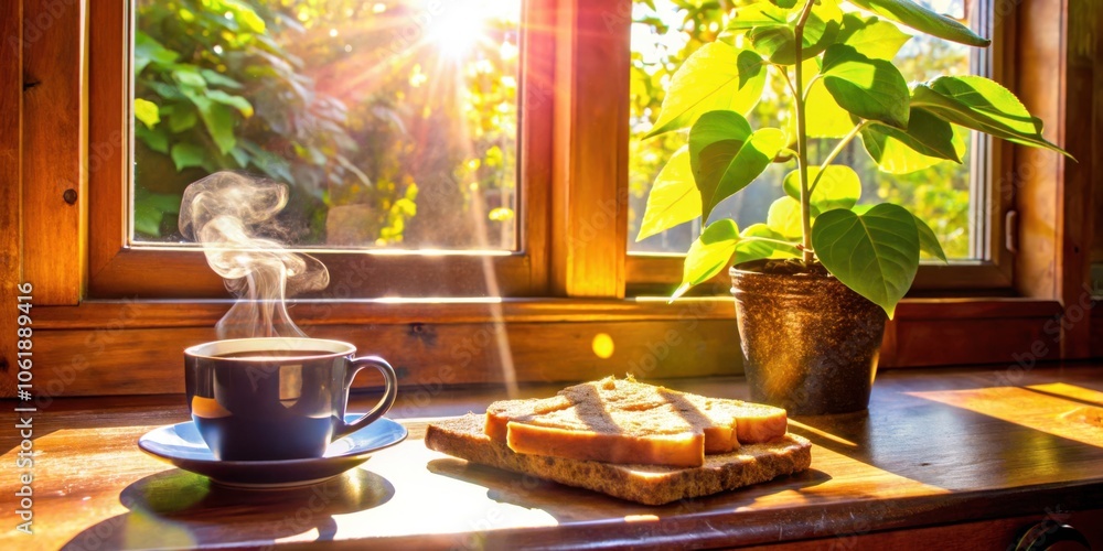 Poster a steaming cup of coffee and toast with sunlight streaming through the windowsill, a perfect start t