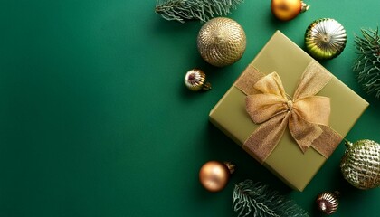 Christmas decorations with gift box on green background. 3d rendering