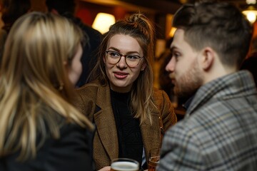 Group of young people talking and drinking coffee in a pub or restaurant