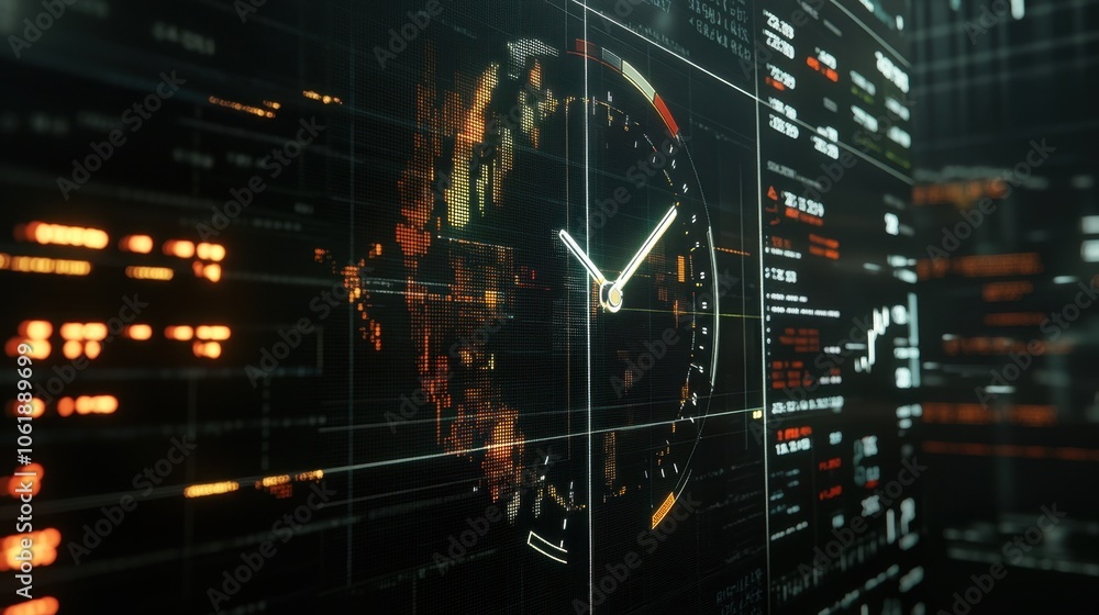 Poster digital world clock with financial data visualization