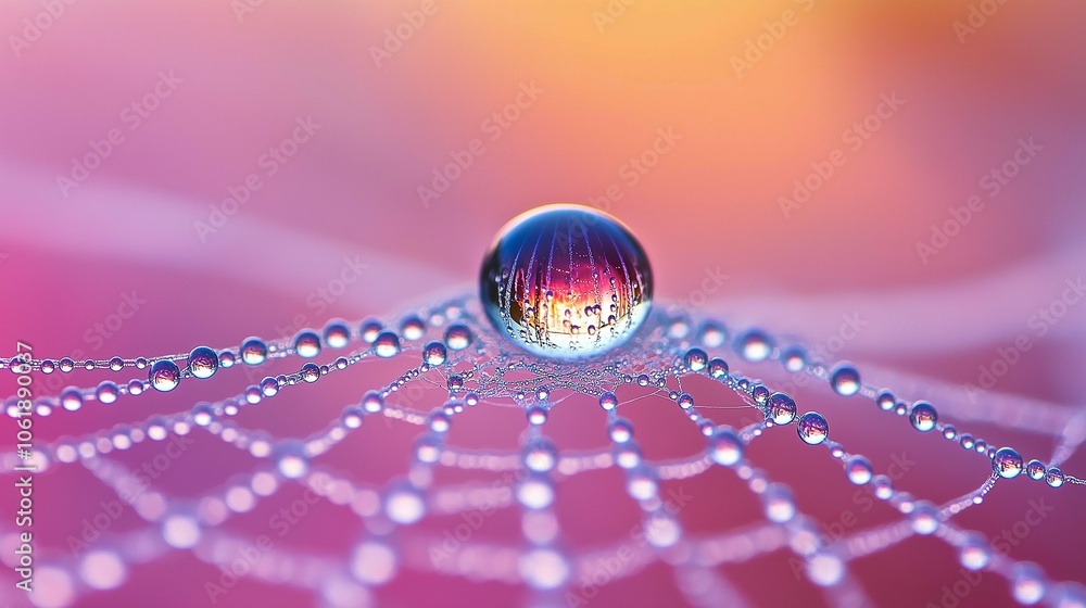 Poster Dew Drop Reflection on a Spider Web Close-Up
