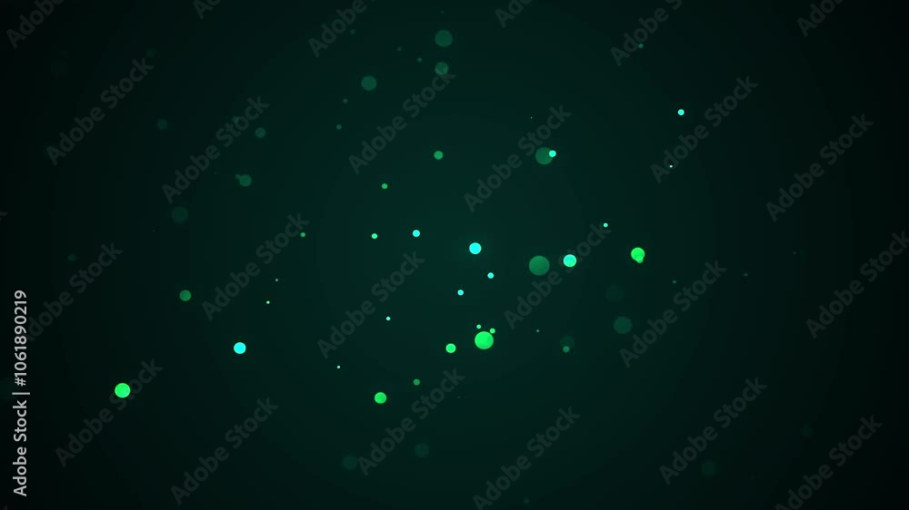 Poster glowing white and green orb-like particles floating in light streaks, creating a high-definition cgi