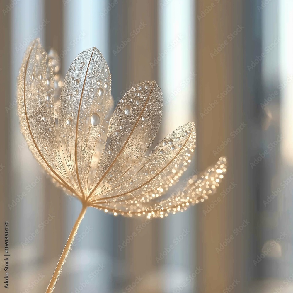 Poster macro view of dandelion seed head with dew drops