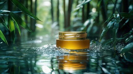 A golden jar of cream floats serenely in a tranquil forest stream surrounded by lush green bamboo and soft sunlight