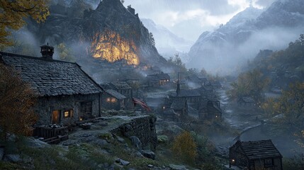 A small, idyllic village nestled in a valley, surrounded by misty mountains, with a few lights glowing in the windows of the houses.