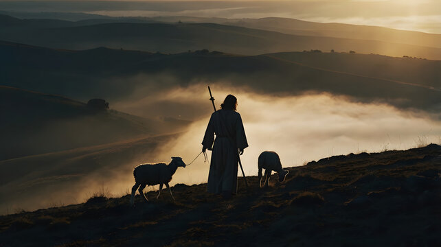 Jesus figure - A good Shepard Carrying a lost sheep. bible reference - beautiful sunset. Christian Themed