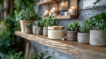 A serene shelf adorned with scented candle and lush greenery in a cozy indoor space, inviting relaxation and tranquility
