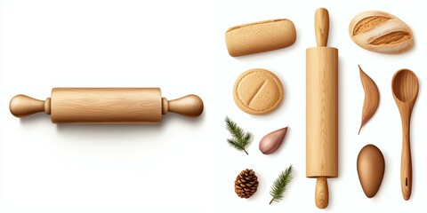 Rolling pin and wooden kitchen utensils on a white isolate background.