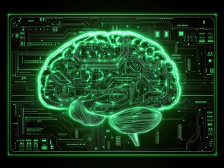 A luminous digital brain design showcasing the fusion of technology and neuroscience set against a dark circuit board backdrop at night