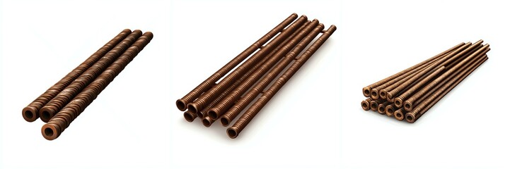 Three bundles of brown wooden dowels on white isolated background.