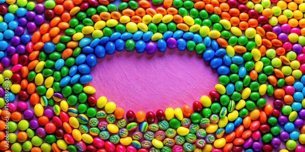 Poster A colorful border of assorted candy arranged in a rainbow pattern on a pink background