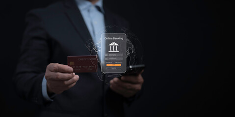 Digital online payment concept. Business people holding credit card with online payment banking online Money Transfer Confirmed. Concept of e-commerce and online banking, payment transfer