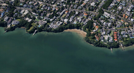 The coast of Auckland city in New Zealand from a bird's eye view