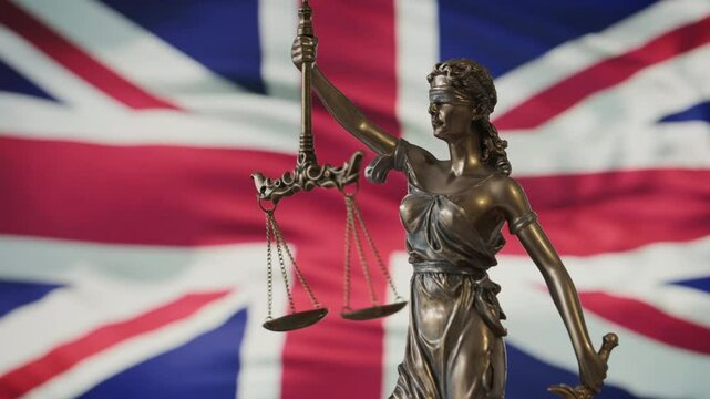 Lady Justice statue with UK flag as background. United Kingdom Law and justice concept. Legal system.