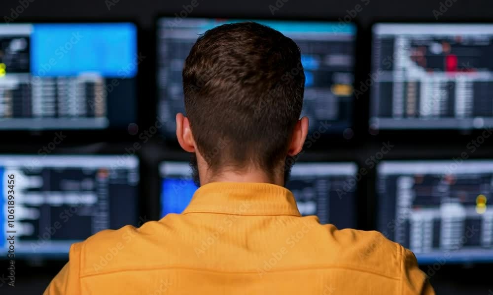 Poster a person analyzing data on multiple computer screens in a modern workspace.