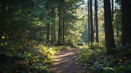 Fototapeta premium Sunlight filters through forest on serene woodland path
