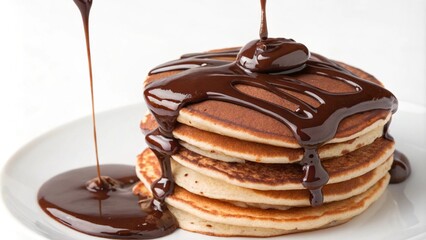 A tempting stack of pancakes drizzled with rich chocolate sauce, with additional chocolate pieces in the background. This decadent breakfast or dessert scene is perfect for indulgence, sweet cravings,