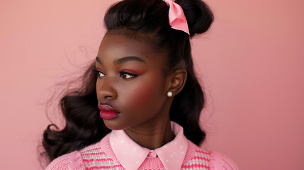 everyday retro style, african american woman with natural features, blemishes, long thick wavy ponytail with pink bow, pink argyle sweater, and tennis skirt for a s-style look