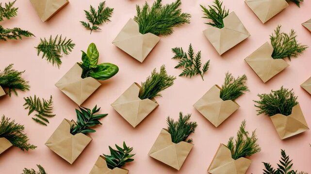 Green plants are placed inside brown paper envelopes on a pink background