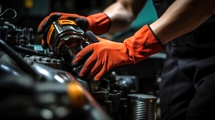 A man who is wearing bright orange gloves is diligently working on a car engine