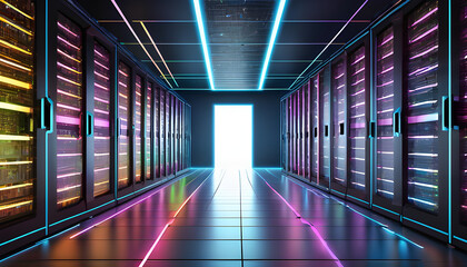 3D illustration of a futuristic server room with glowing data connections between racks