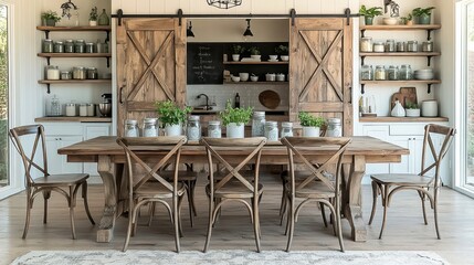 Rustic Dining Area with Wooden Table and Shelves