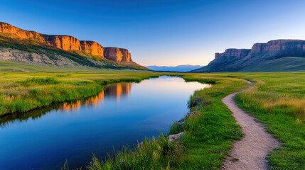 Tranquil River Valley Landscape with Hiking Trail and Sunset Glow
