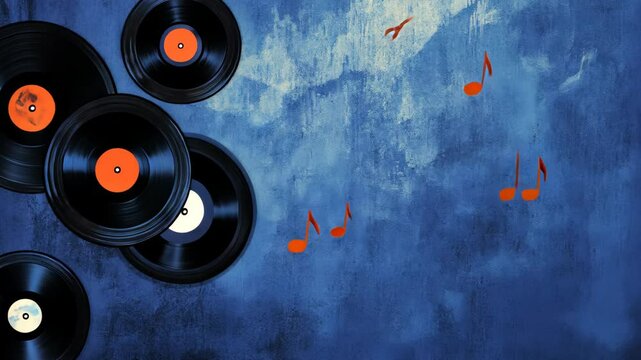 Black vinyl records with orange labels are arranged on a blue surface with red musical notes scattered around