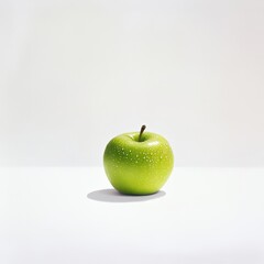 Fresh green apple with water droplets on a plain background
