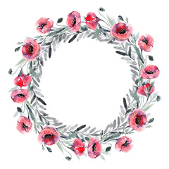 A wreath of scarlet poppies, a watercolor drawing by hand. Red poppies in the form of a circular composition, a text frame. Floral print in the form of a circle, poppy bouquet, red buds