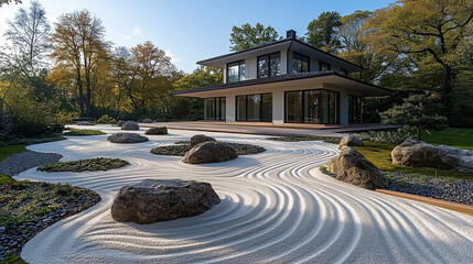 A rock garden with large stones placed in a sea of raked white gravel, symbolizing islands and waves: The stones resemble small islands surrounded by flowing patterns in the sand,