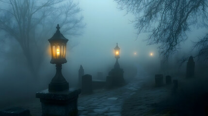 Fototapeta premium An old graveyard shrouded in fog, with flickering lanterns lighting the path.