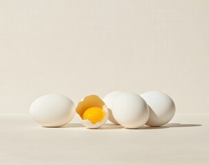 Assortment of fresh white eggs with one cracked open to reveal the yolk