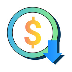 Lower Cost Icon – A Downward Arrow Pointing to a Dollar Sign, Symbolizing Reduced Expenses or Cost Savings